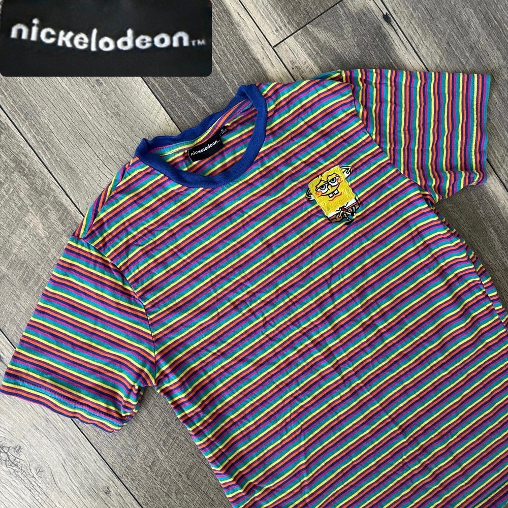 Nickelodeon Spongebob Squarepants Rainbow Striped Ringer T-Shirt Mens Small